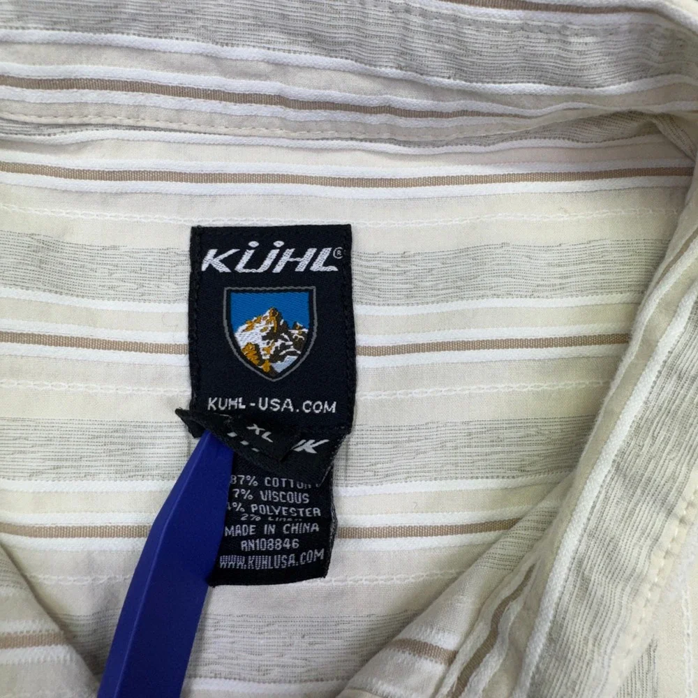 Kuhl Athletik Fit Striped Button Down Shirt Mens XL Short Sleeve Casual Tan Boho